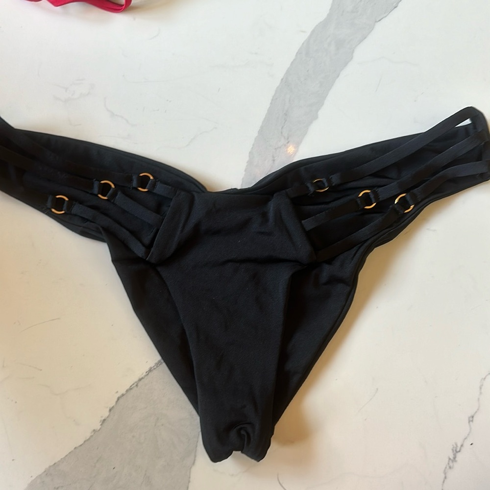 Beach, bunny, solid, black, large bottoms with strapping and gold details